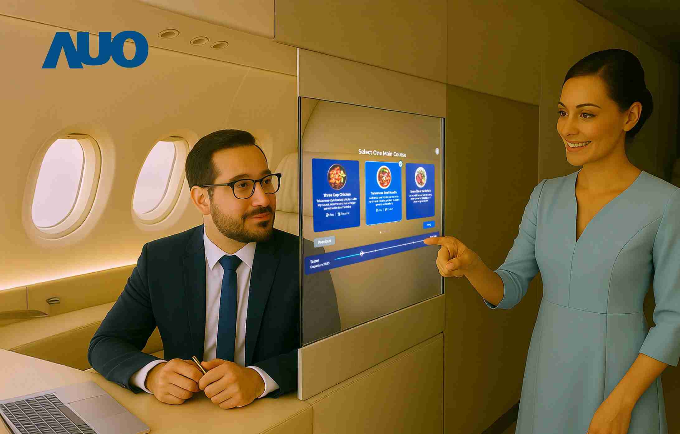 28国际研发全球最薄17.3 吋双面透明 Micro LED 显示器，，，，可在同一屏幕之双边投射不同信息，，，，创造独特的”透明化”互动；图为实时翻译交流应用情境